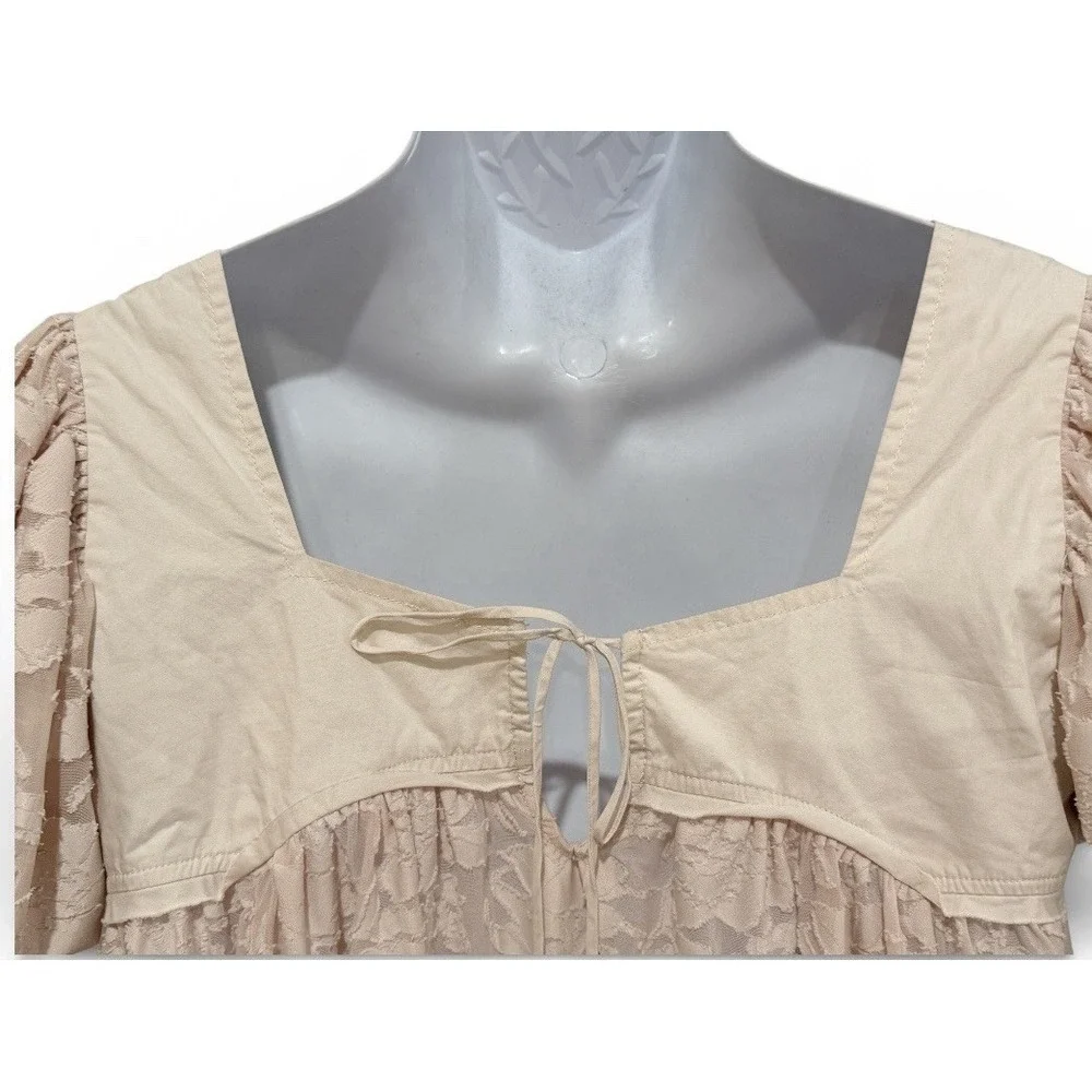 Free People Top M Blush‎ Lace Babydoll Tunic Puff Sleeve Boho Romantic Whimsy